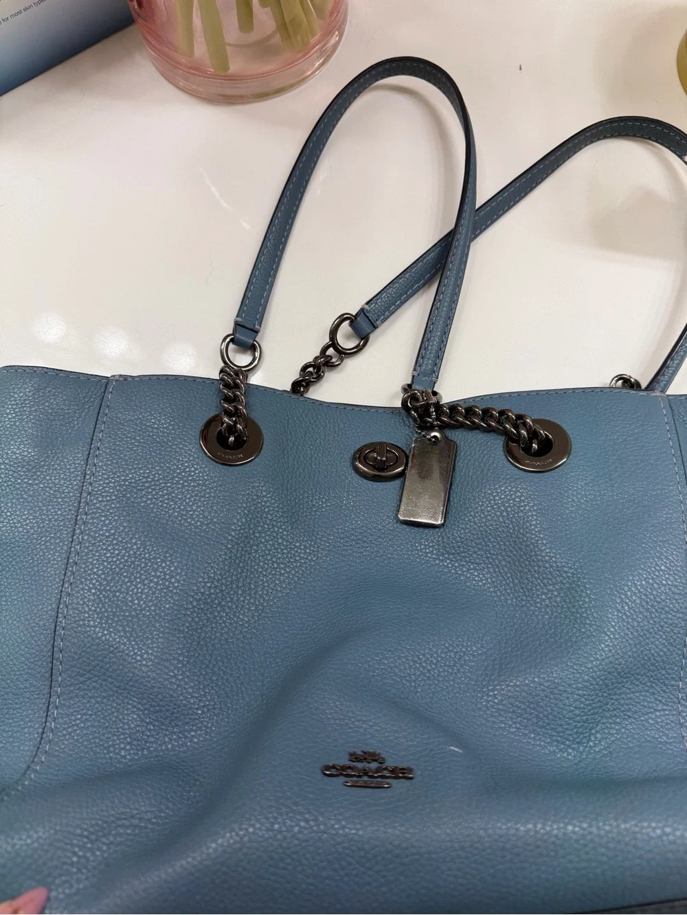 COACH NY 57107 TURNLOCK SILVER CHAIN SAGE BLUE LEATHER SHOULDER TOTE BAG